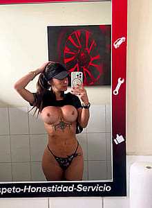 Busty mum looks really cool in the mirror'